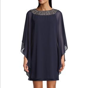 Chiffon Overlay Lace Neck Dress- navy